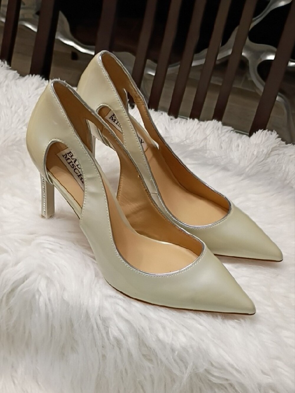 Badgley Mischka Champagne Pearlized Patent Leather Pointed-Toe Cutout Pumps - Picture 8 of 16